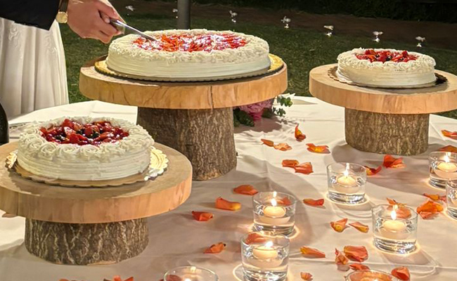 Torta da matrimonio di frutta con decoro di panna a strisce e rose